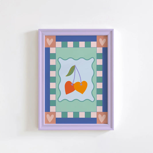 Whimsical Cherries & Hearts Art Print Cute Wall Decor for Kids’ Bedroom