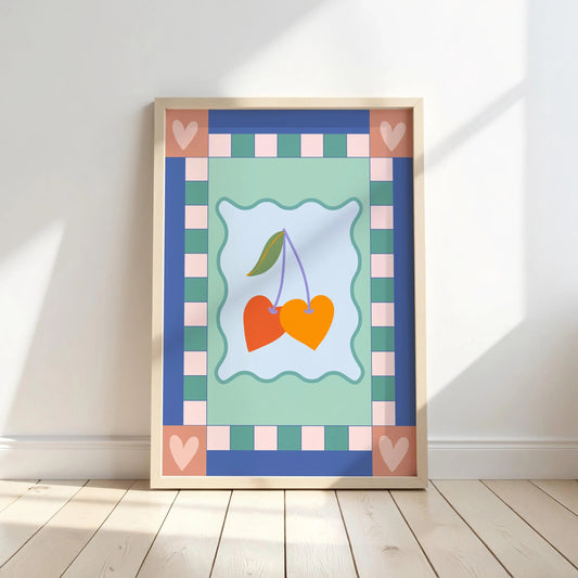 Whimsical Cherries & Hearts Art Print Cute Wall Decor for Kids’ Bedroom