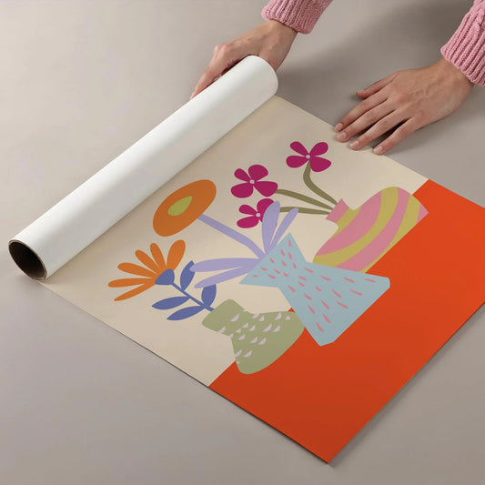 Floral Print Featuring Playful Colorful Blooms in Three Funky Vases