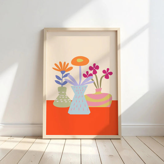 Floral Print Featuring Playful Colorful Blooms in Three Funky Vases
