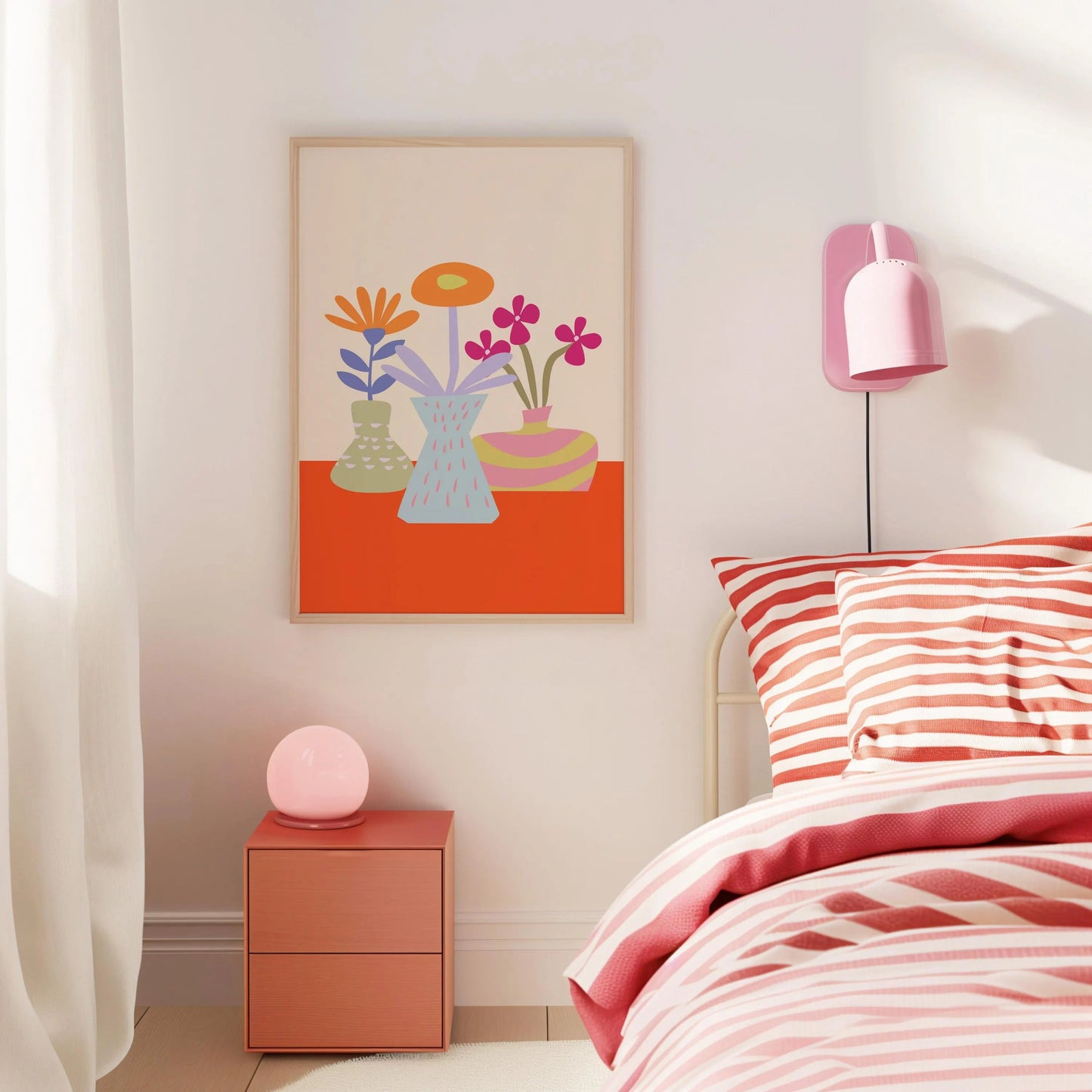 Floral Print Featuring Playful Colorful Blooms in Three Funky Vases